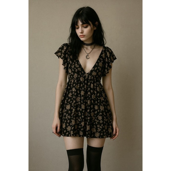 Storia Dresses & Skirts - Storia Black Floral Babydoll Dress Whimsigoth Fairy Grunge Cottagecore Boho S
